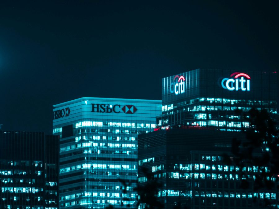 Financial district skyline at night